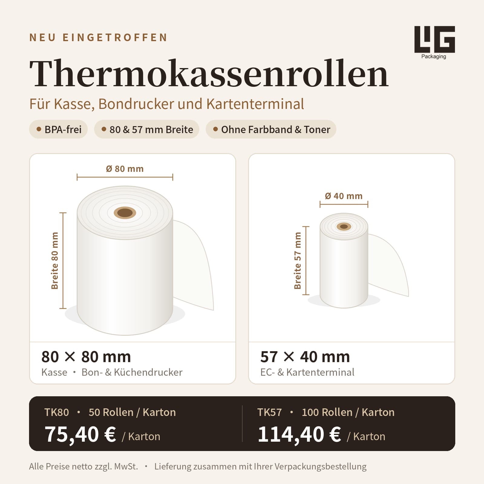 Thermokassenrollen für Kasse, Bondrucker und Kartenterminal